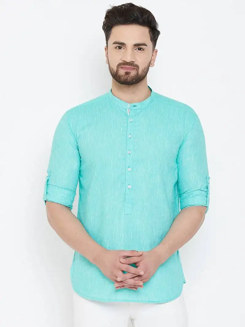 Turquoise plain pure linen men-kurtas