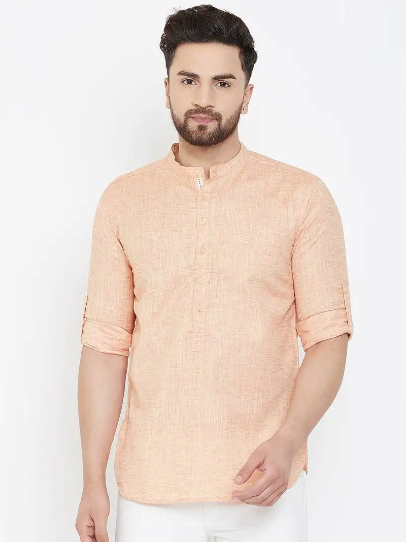 Pink plain pure linen men-kurtas