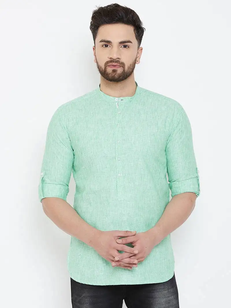 Green plain pure linen men-kurtas