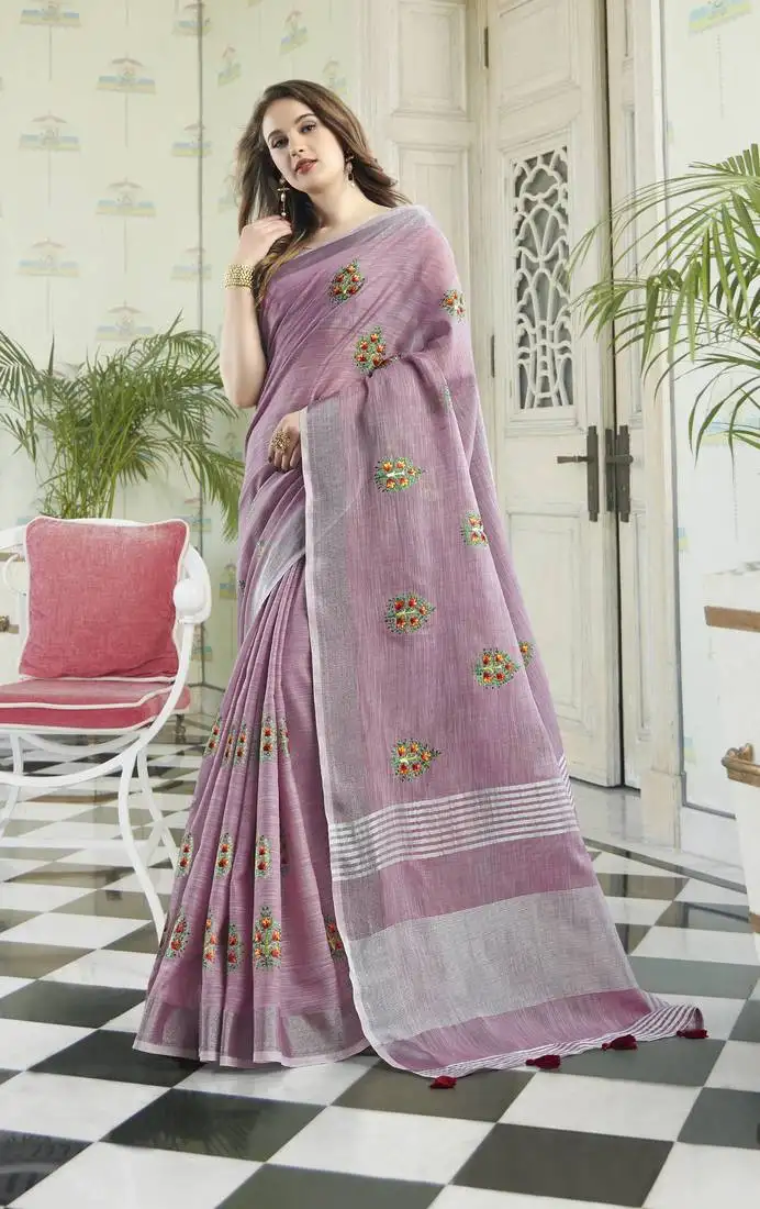 Light purple embroidered pure cotton saree with blouse