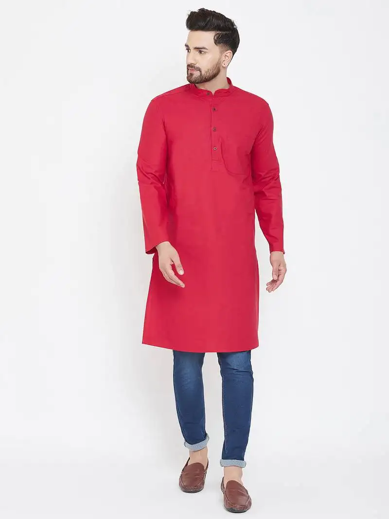 Red plain pure cotton men kurtas