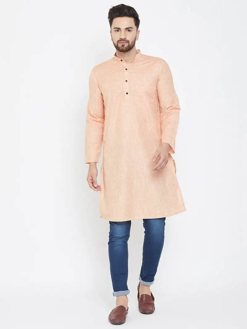 Pink woven pure linen men kurtas