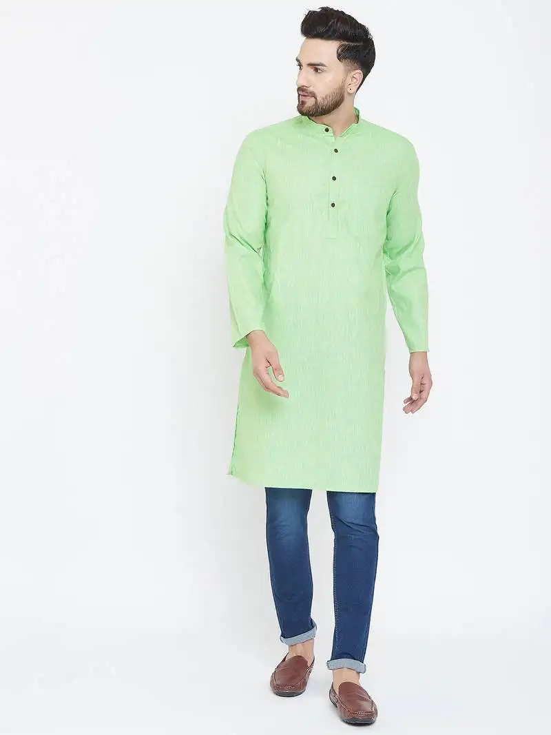 Turquoise plain pure linen men kurtas