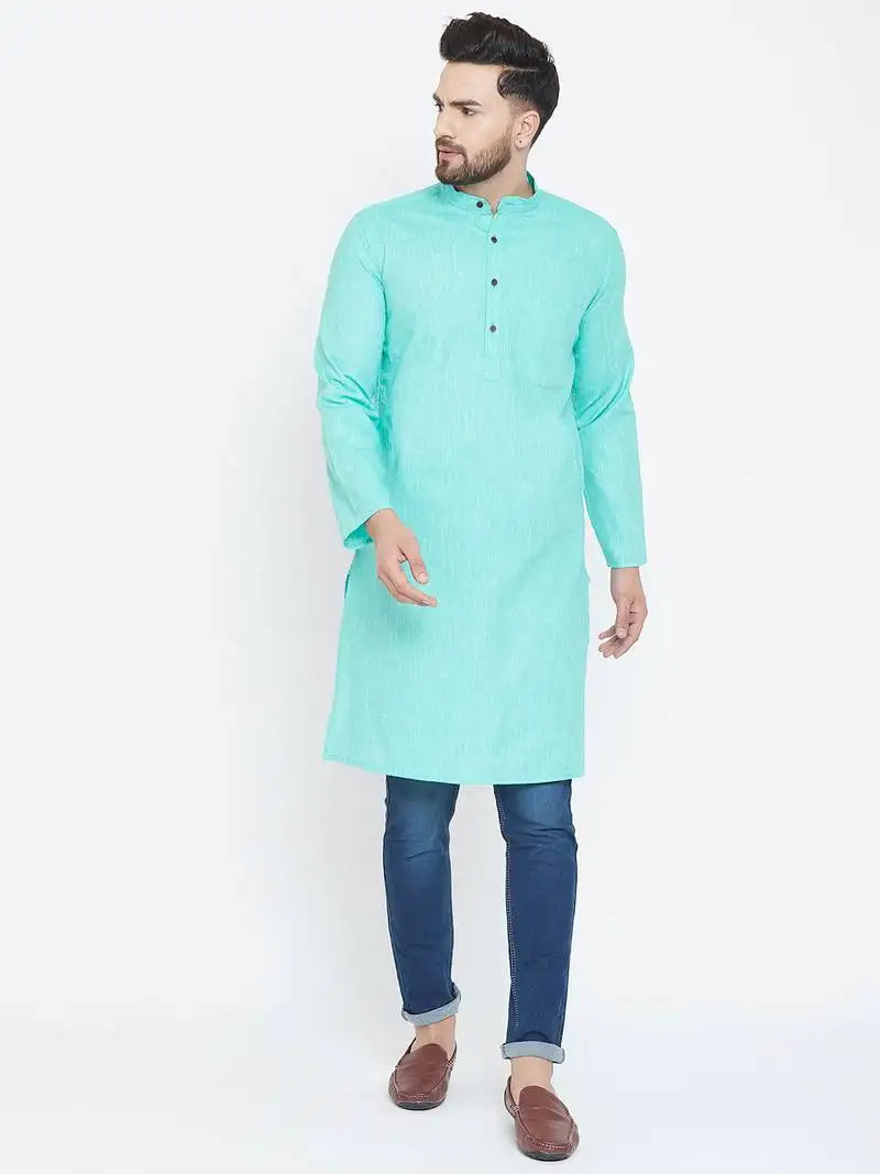 Turquoise plain pure cotton men kurtas