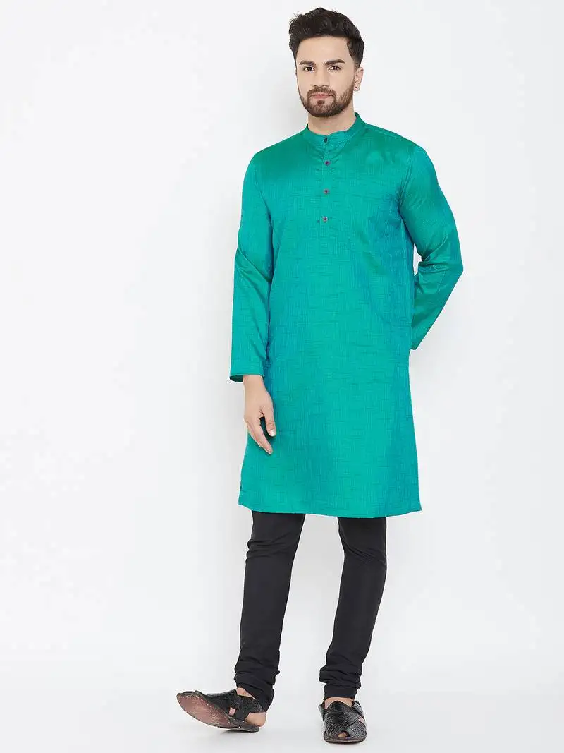 Turquoise blue plain pure dupion silk men kurtas