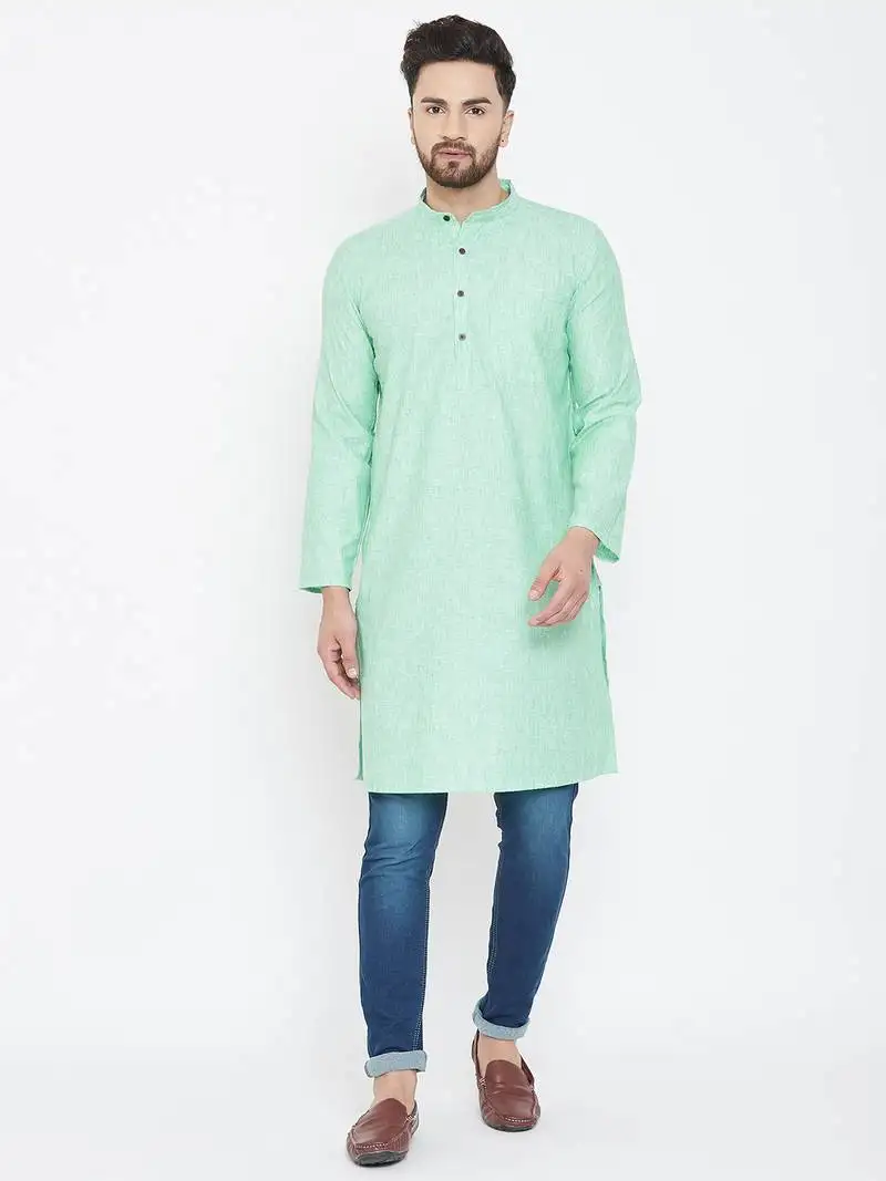 Sea green plain pure linen men kurtas