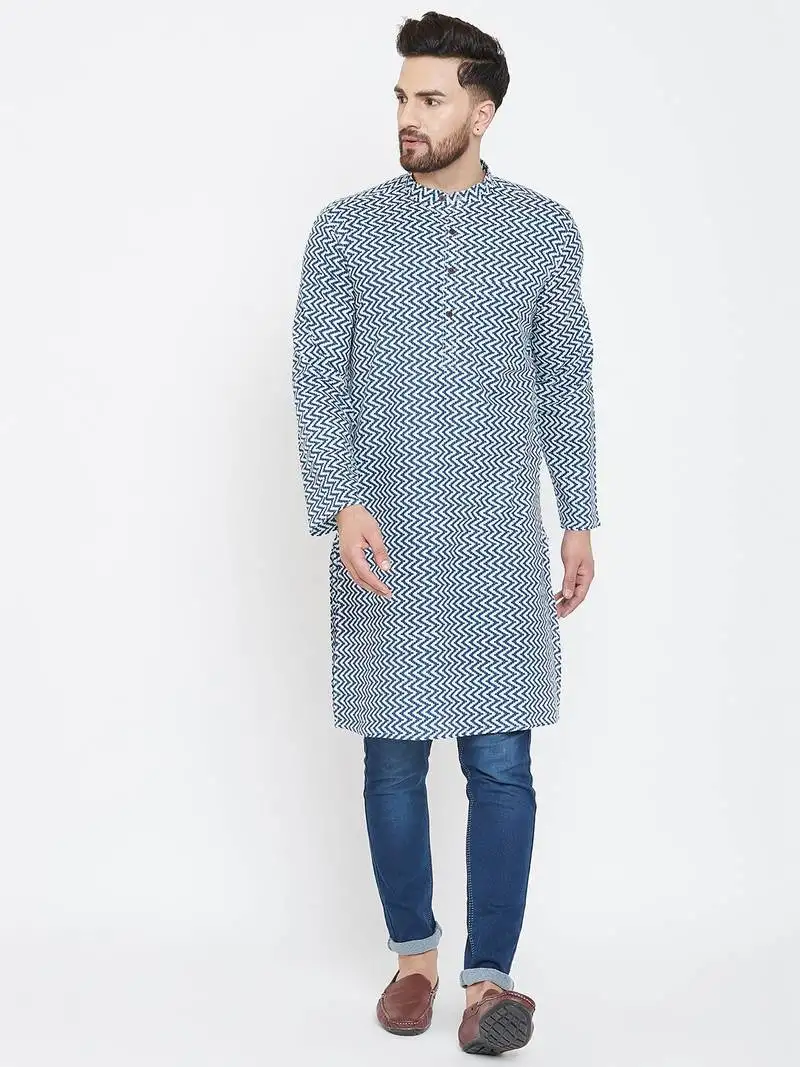 Blue printed pure cotton men kurtas