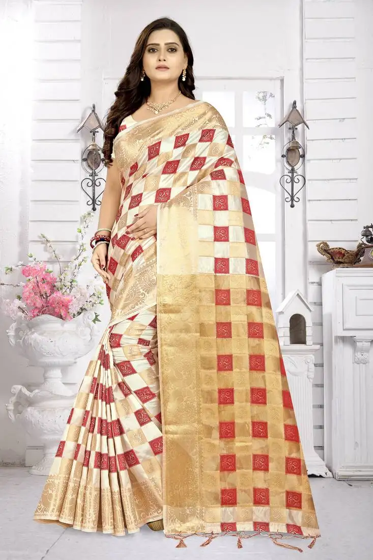 Red printed kanchipuram silk saree with blouse