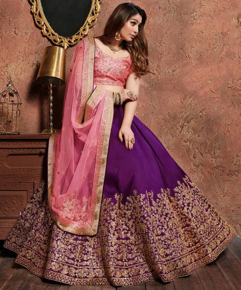 Purple silk dori and sequins embroidered lehenga choli