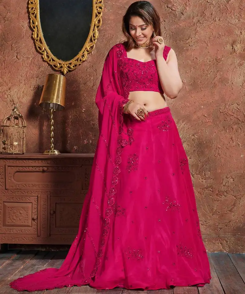 Pink embroidered silk semi stitched lehenga