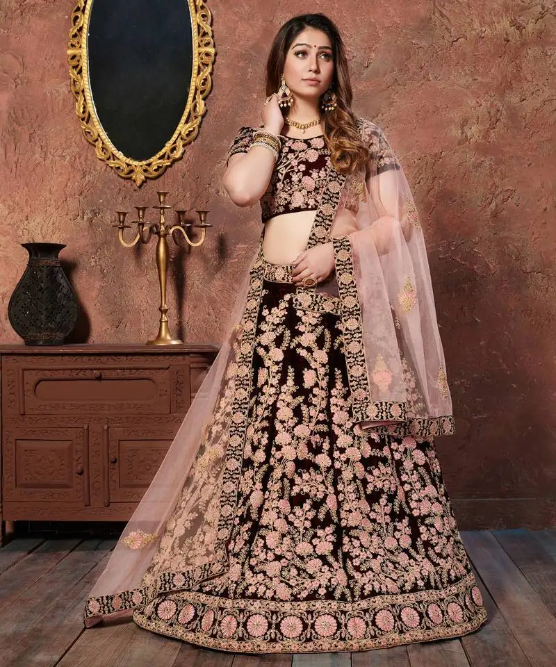 Maroon embroidered velvet semi stitched lehenga