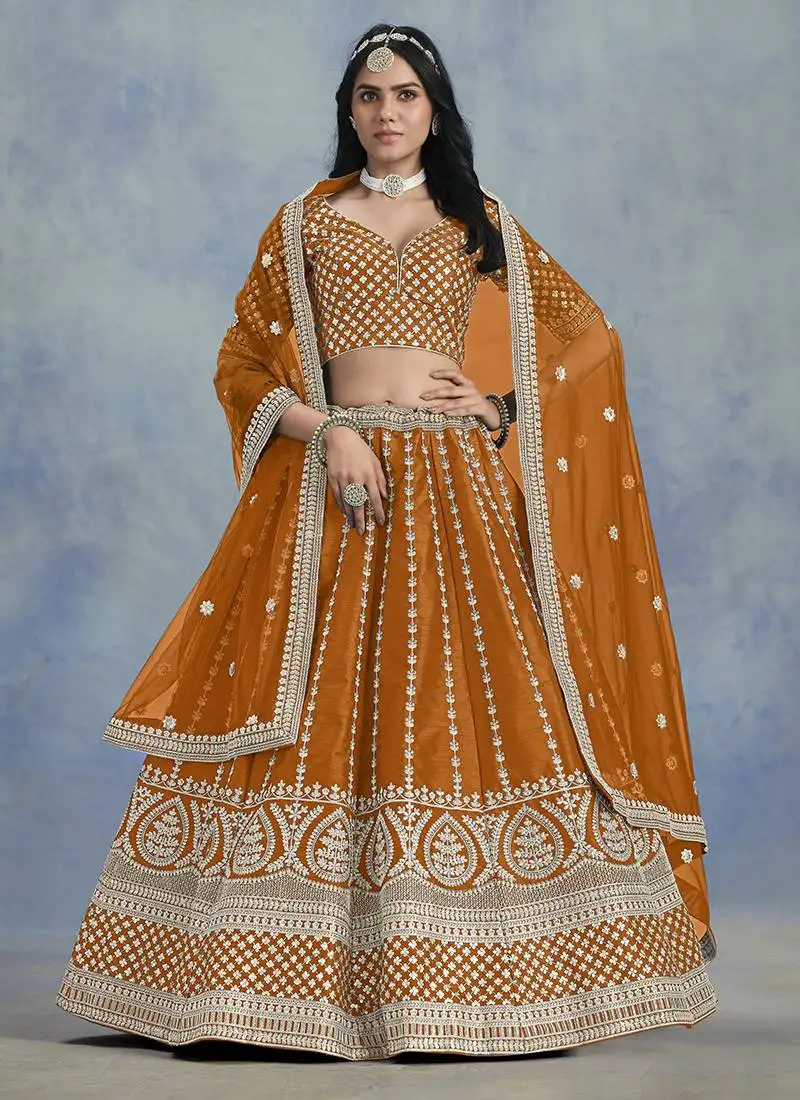 Orange embroidered sequins work art silk lehenga choli