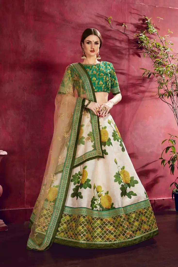 Green embroidered silk semi stitched lehenga