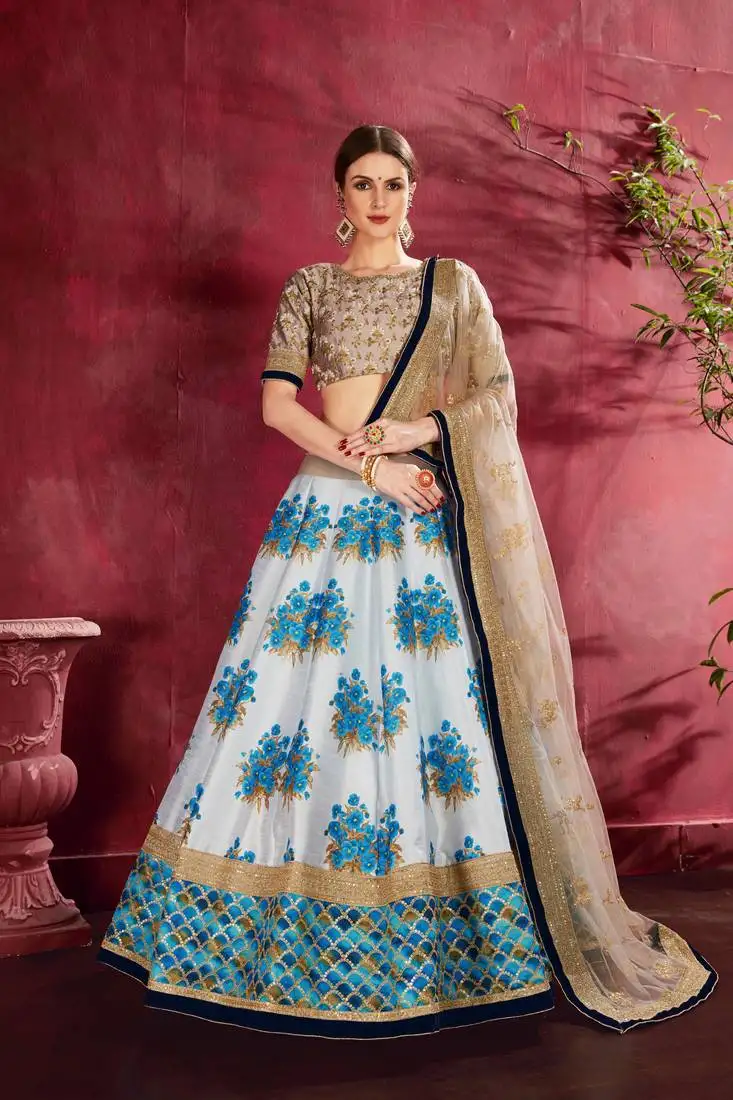 Beige embroidered silk semi stitched lehenga