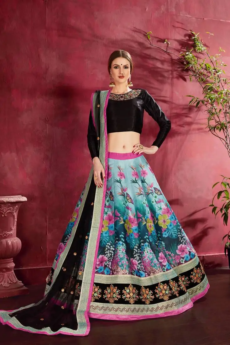 Black embroidered silk semi stitched lehenga