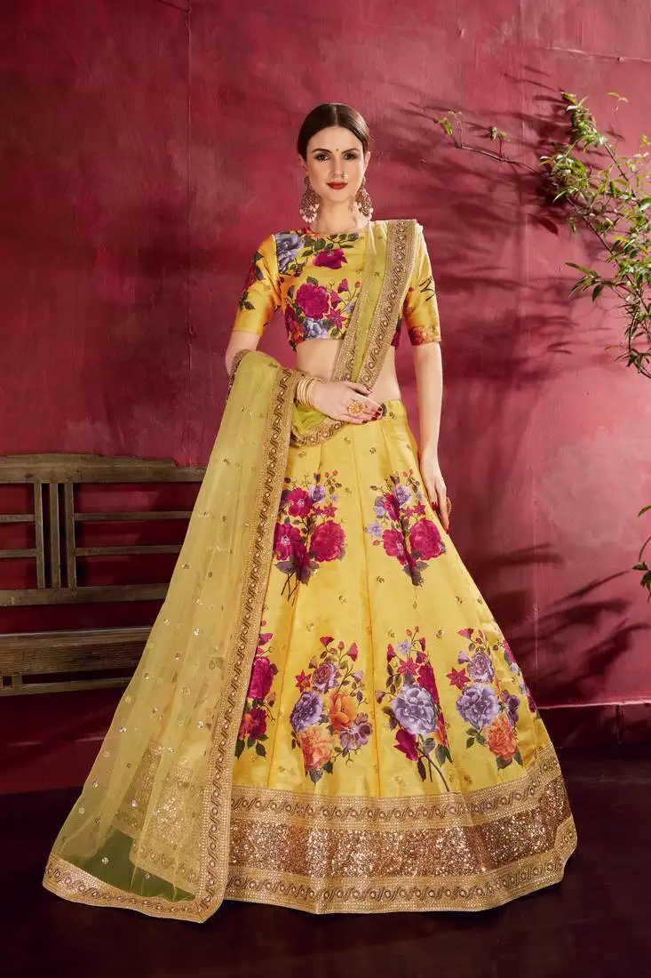 Yellow embroidered silk semi stitched lehenga