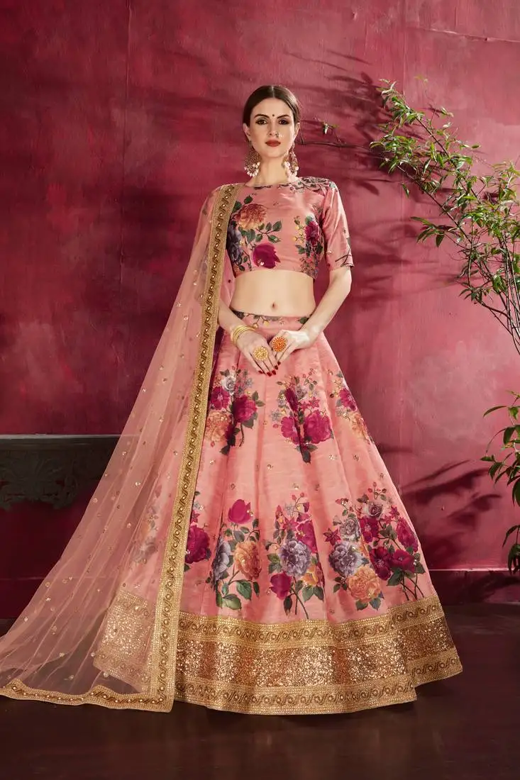 Peach embroidered silk semi stitched lehenga