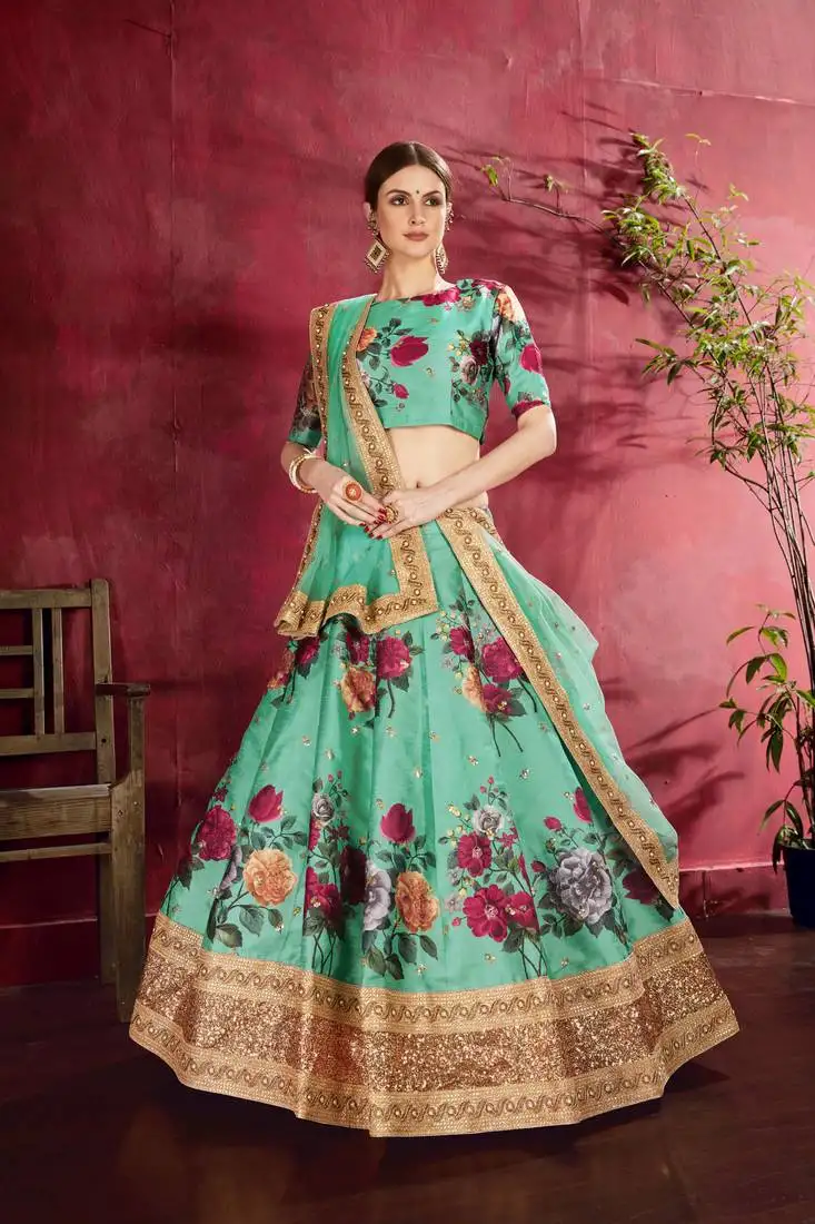 Stunning light green floral print embroidered art silk designer wedding lehenga choli and dupatta