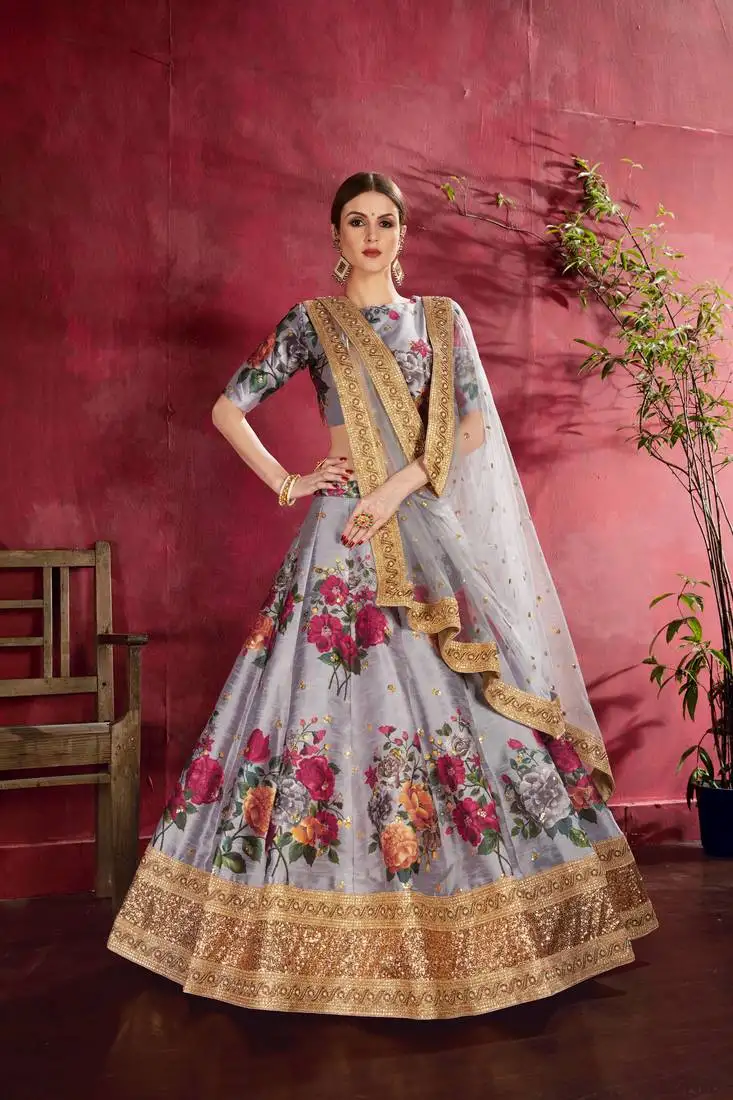 Amazing grey floral print embroidered art silk heavy wedding lehenga choli with dupatta