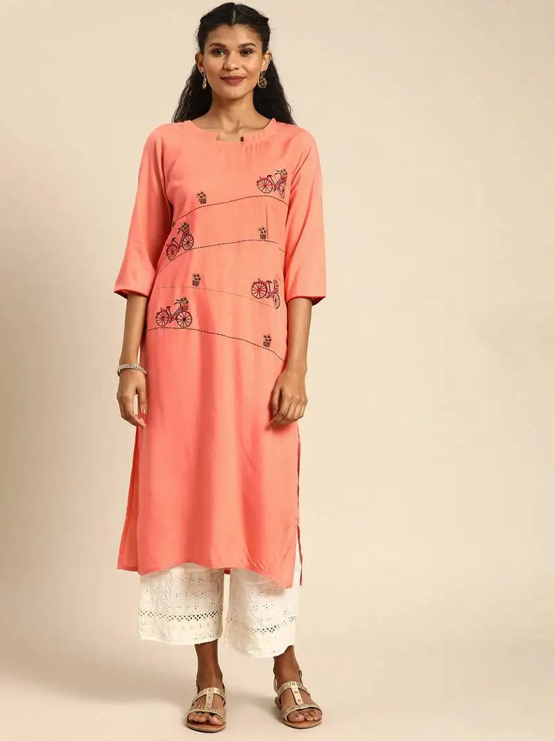 Rayon embroidered straight kurti (peach)