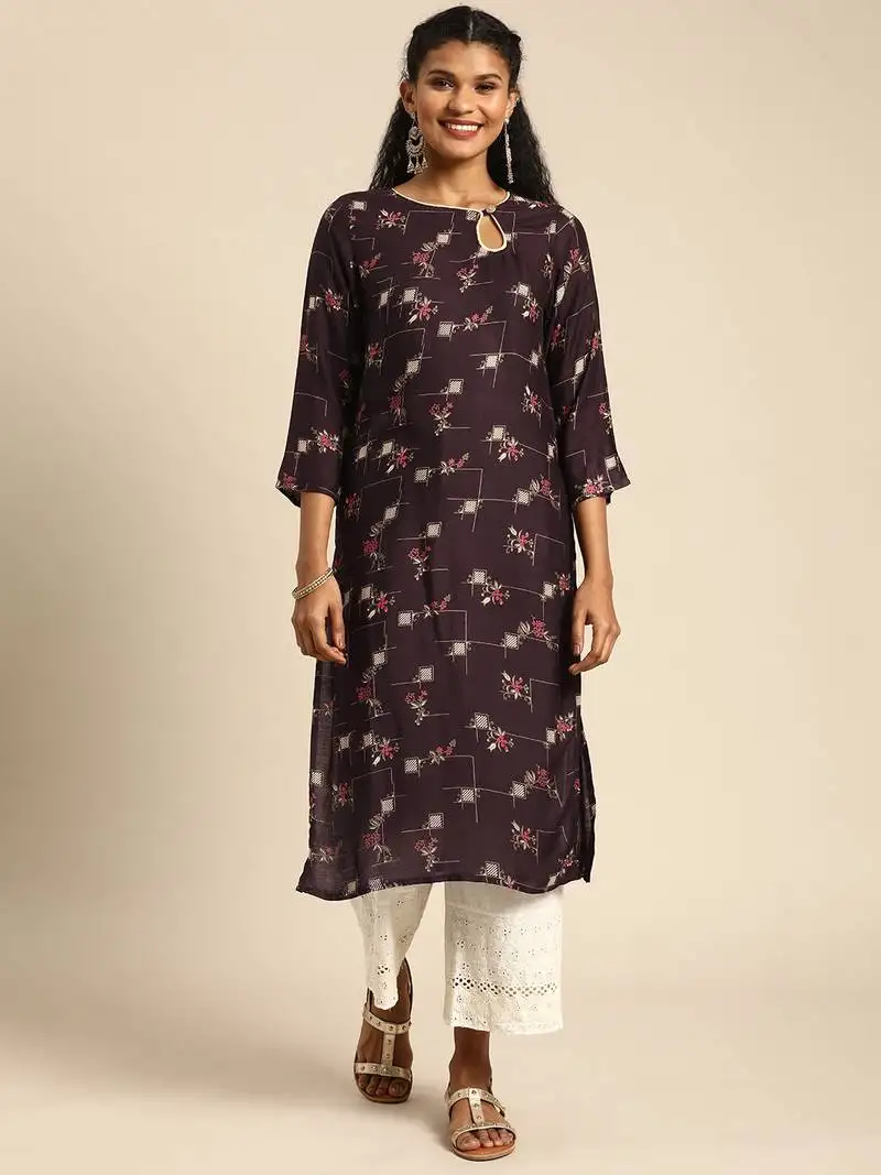 Rayon printed straight kurti (brown)