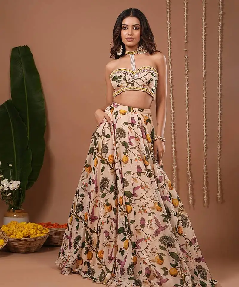 Cream floral printed organza lehenga