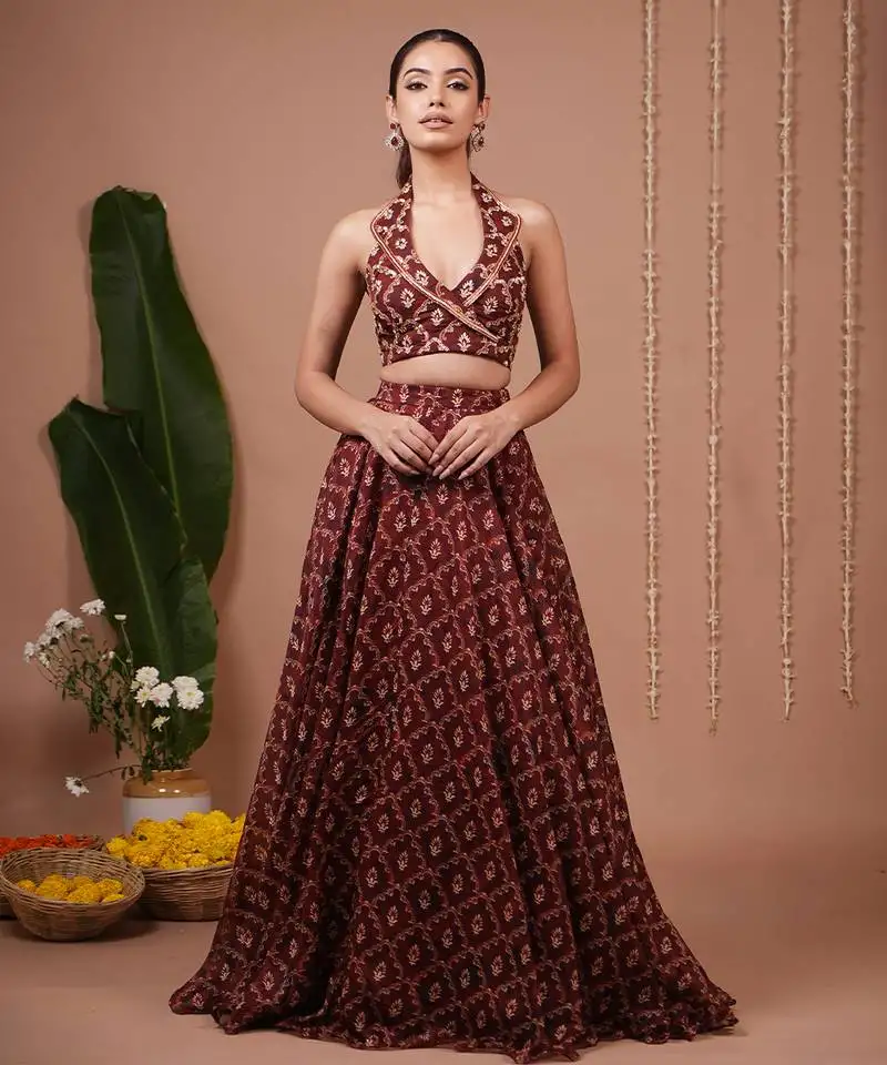 Maroon floral printed organza lehenga
