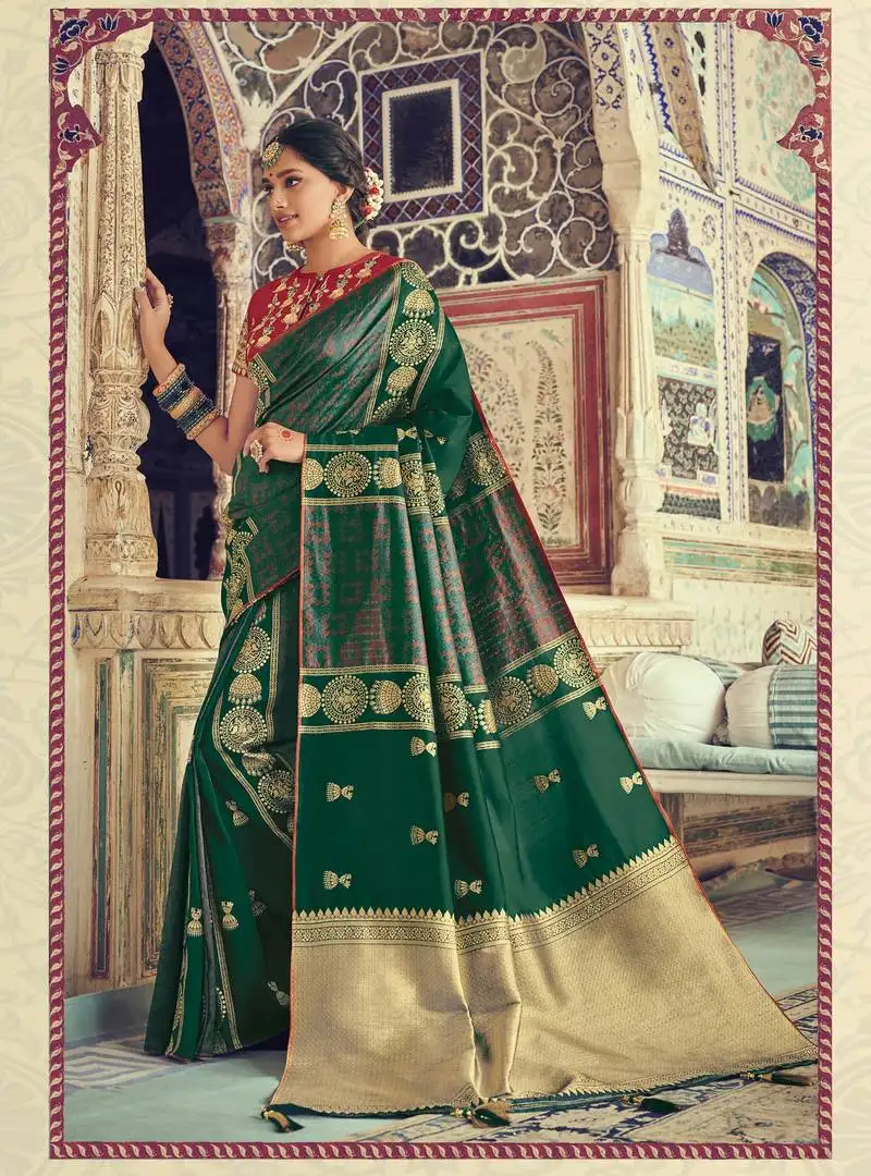 Dark green woven silk blend saree with blouse
