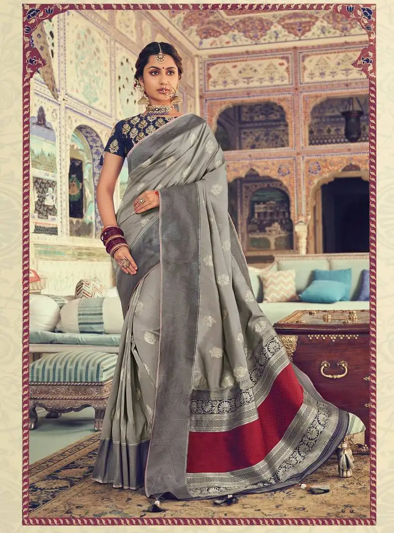 Grey woven silk blend saree with blouse