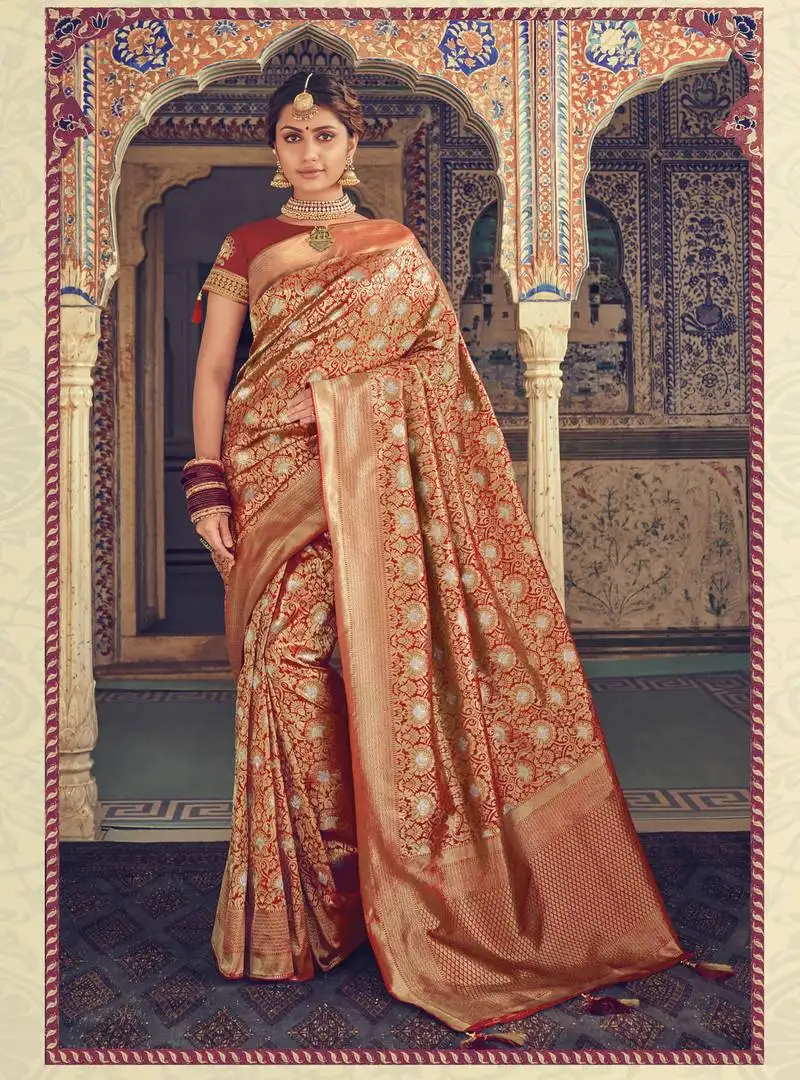 Red woven silk blend saree with blouse
