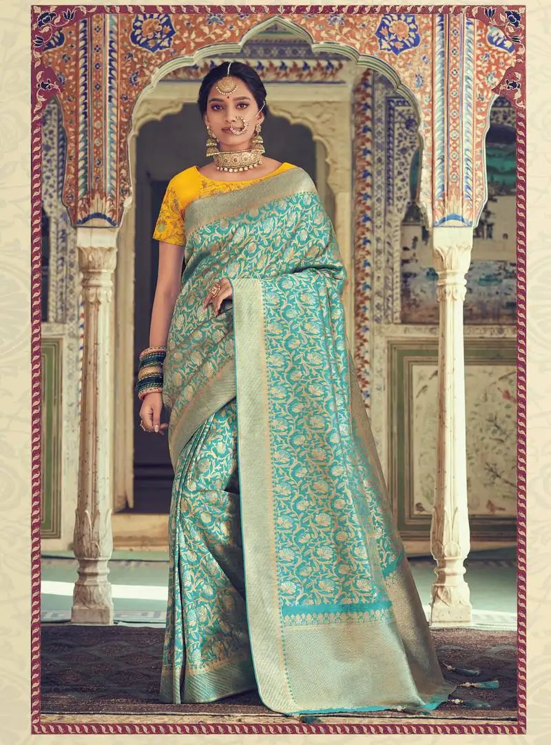 Blue woven silk blend saree with blouse