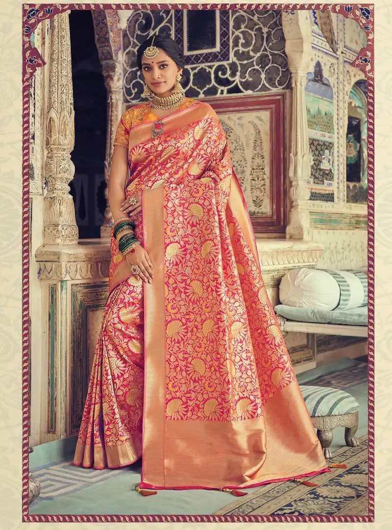 Rani pink woven silk blend saree with blouse