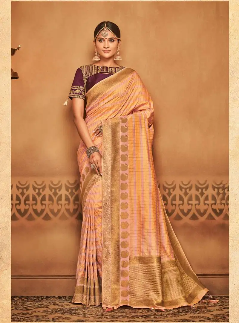 Peach woven silk blend saree with blouse