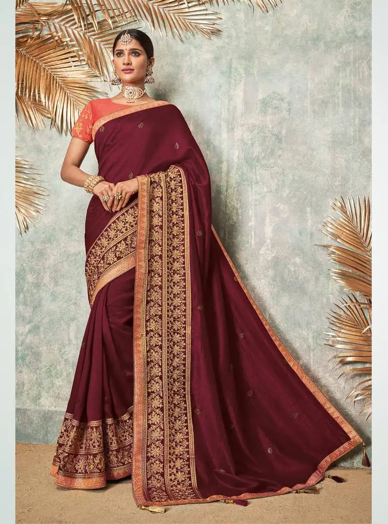 Maroon embroidered art silk saree with blouse