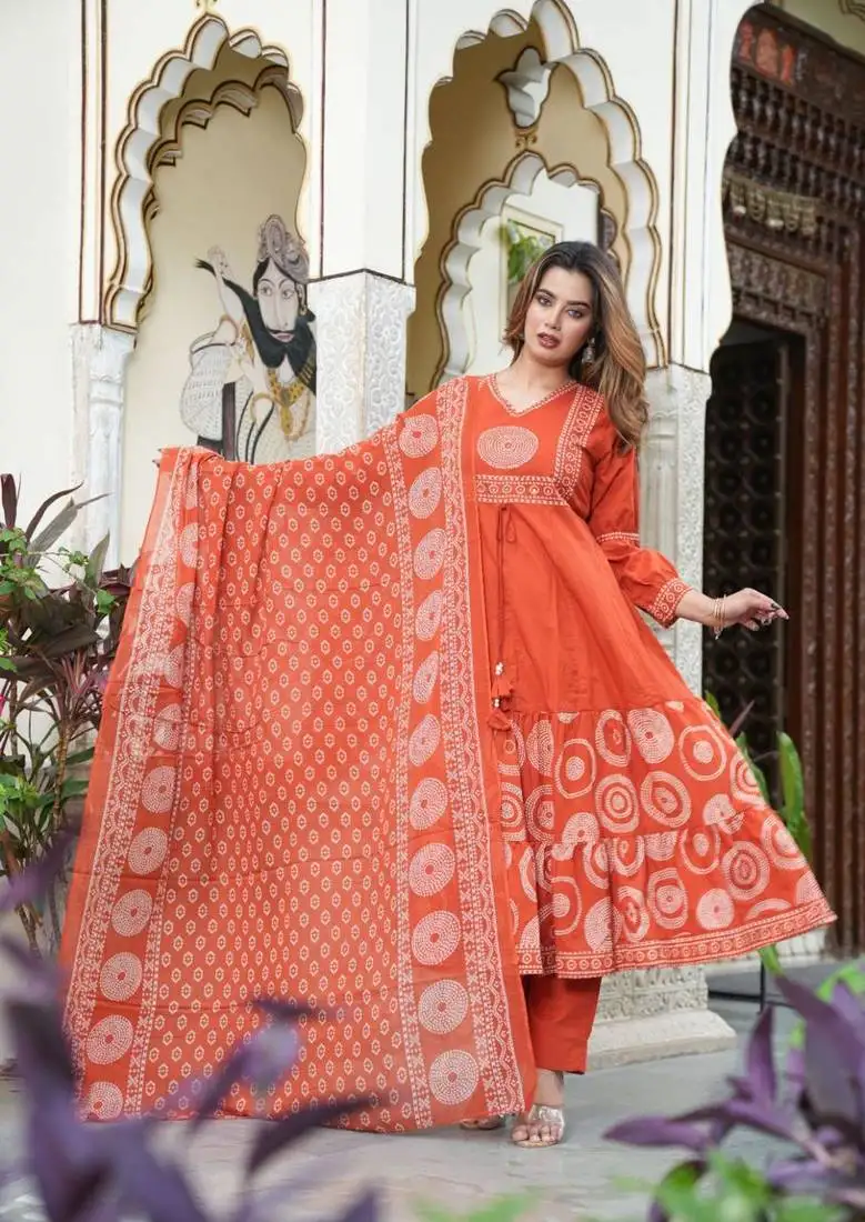 women embroidered orange anarkali kurta set with printed dupatta