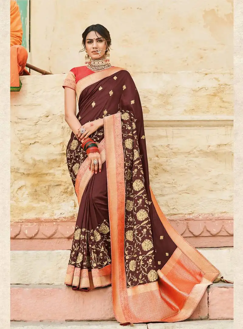 Brown embroidered art silk saree with blouse