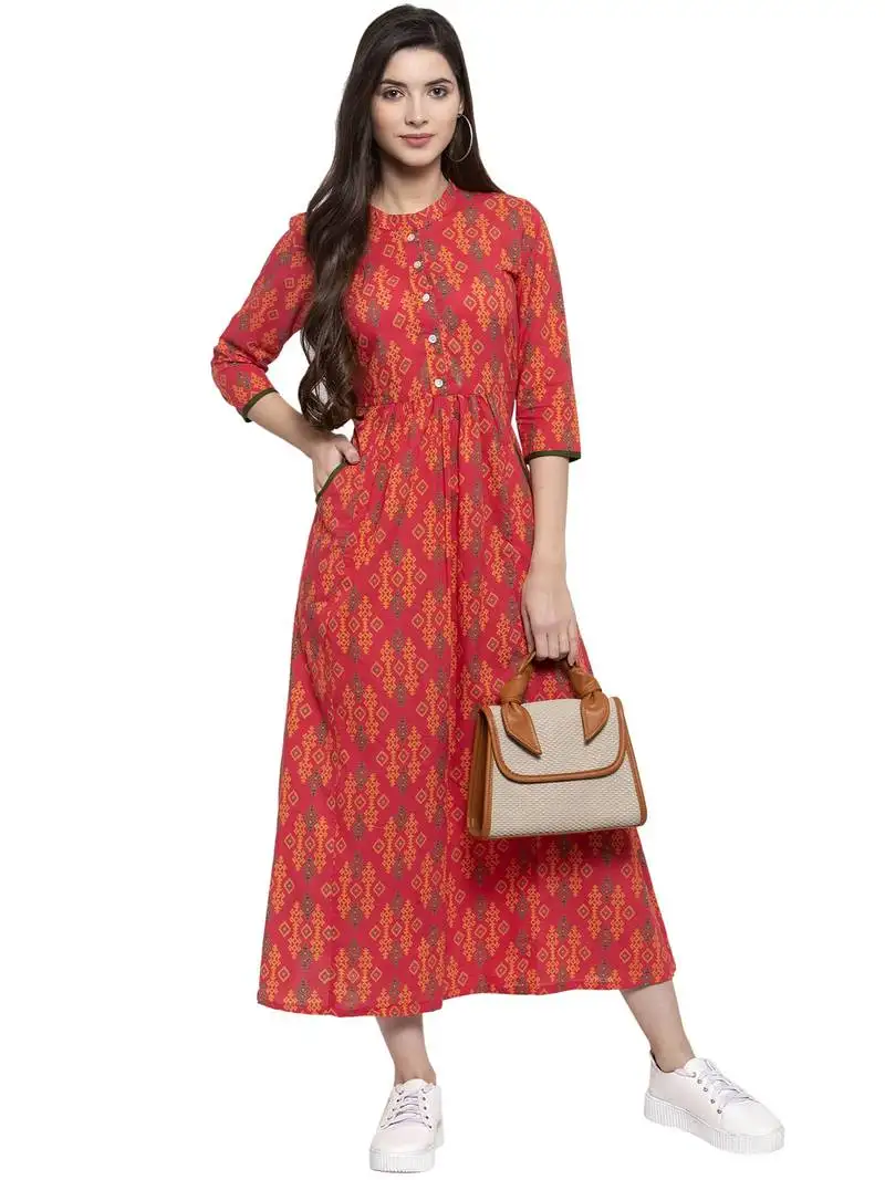 Indibelle red printed cotton kurtas-and-kurtis