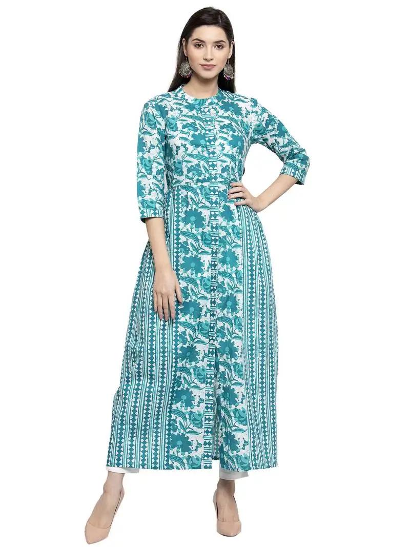 Indibelle turquoise printed cotton kurtas-and-kurtis