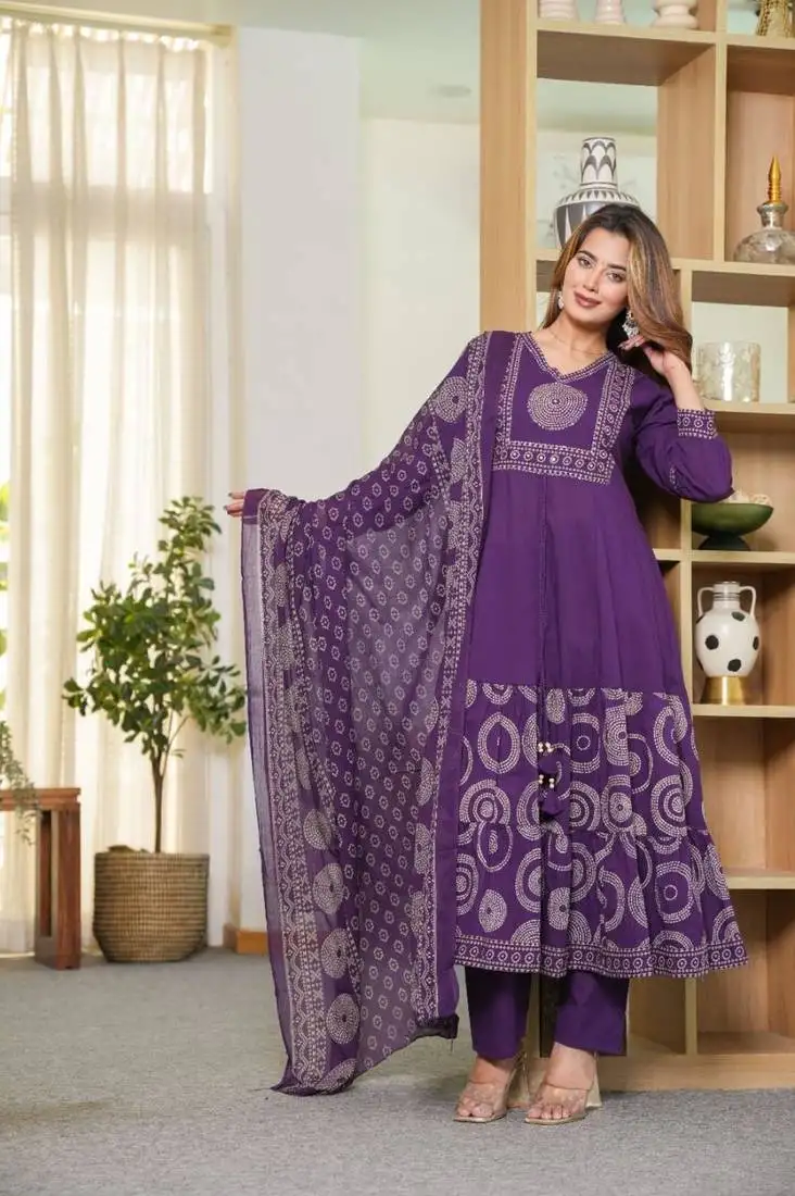 women embroidered blue anarkali kurta set with printed dupatta