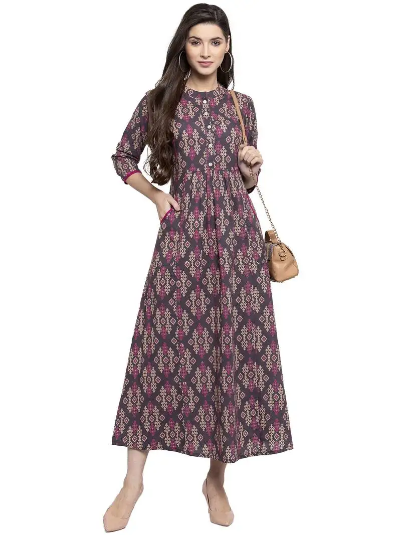 Indibelle grey printed cotton long-dresses