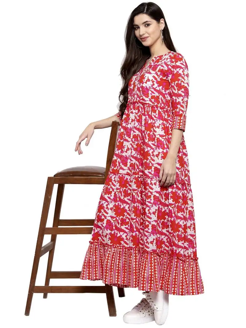 Indibelle red printed cotton long-dresses