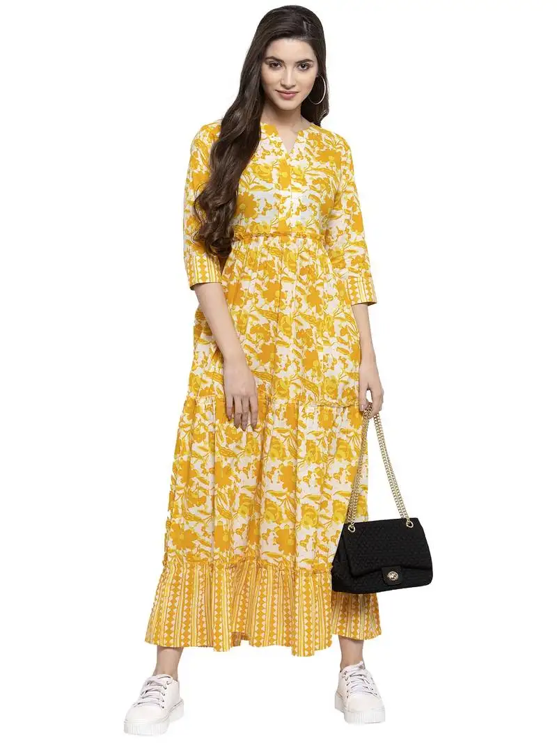 Indibelle yellow printed cotton long-dresses
