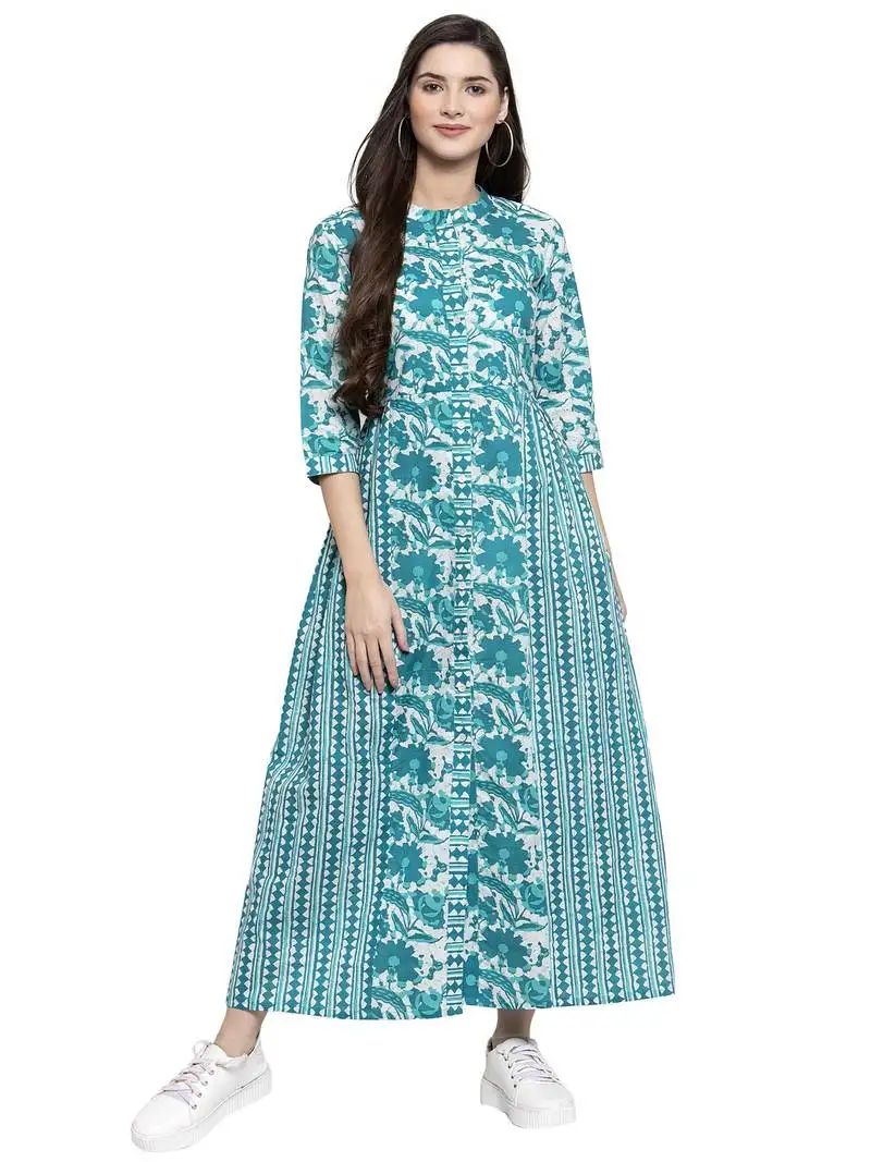 Indibelle turquoise printed cotton long-dresses
