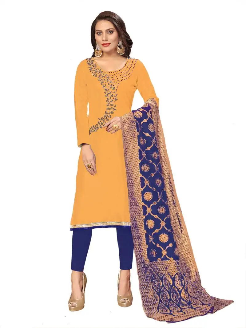 Yellow hand embroidery cotton salwar semi stitched