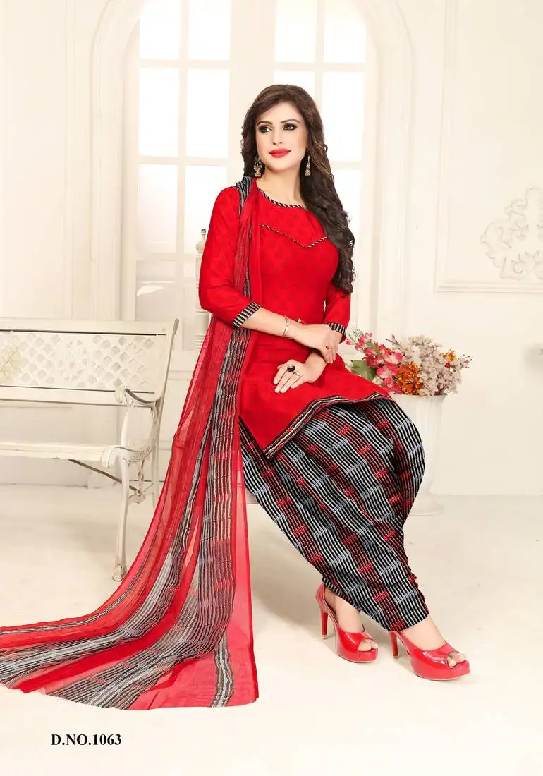 Red printed crepe salwar unstitched