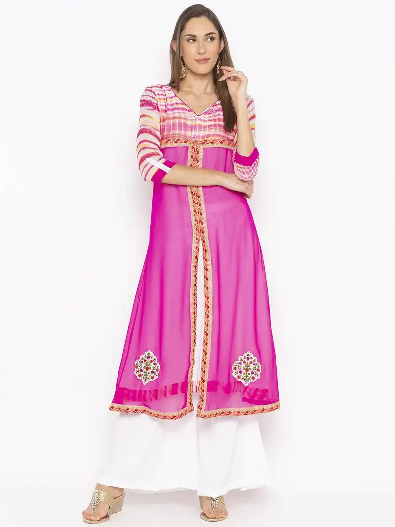 Pink embroidered georgette party-wear-kurti