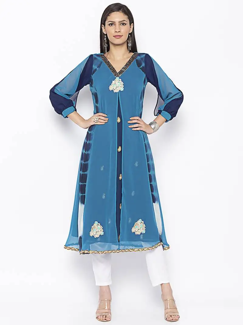 Blue embroidered georgette party-wear-kurti