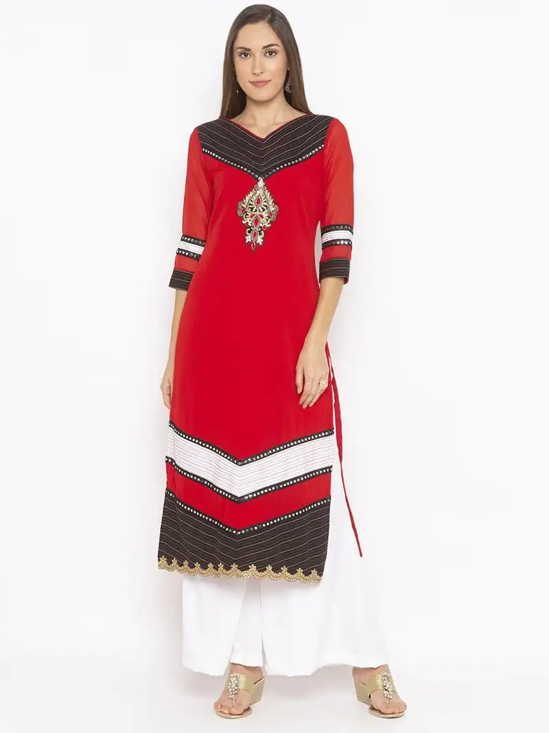 Red embroidered georgette party-wear-kurti