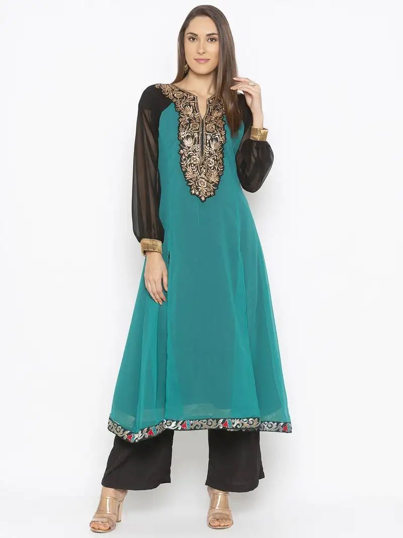 Teal-green embroidered georgette party-wear-kurti