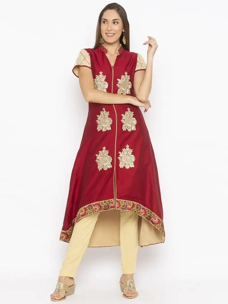 Maroon embroidered cotton silk party-wear-kurti
